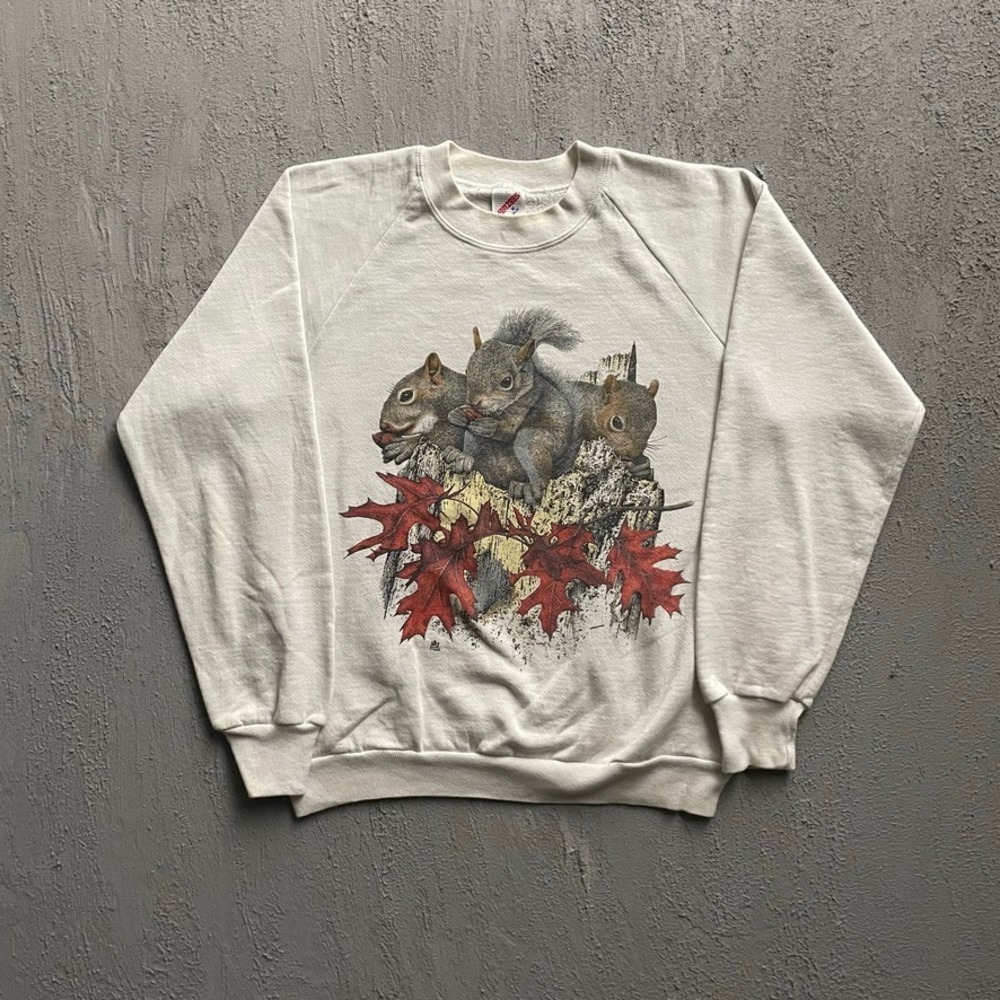 Vintage Squirrel Graphic Sweatshirt Unisex Medium Off White 1980s Jerzees